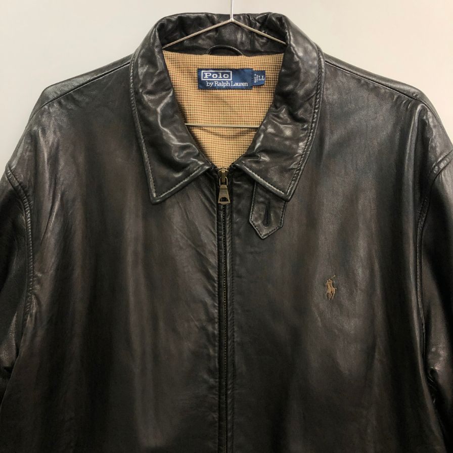 美品◆ポロ ラルフローレン 刺繍 レザー スウィングトップ メンズ サイズLL ブラウン Polo Ralph Lauren 【AFG1】