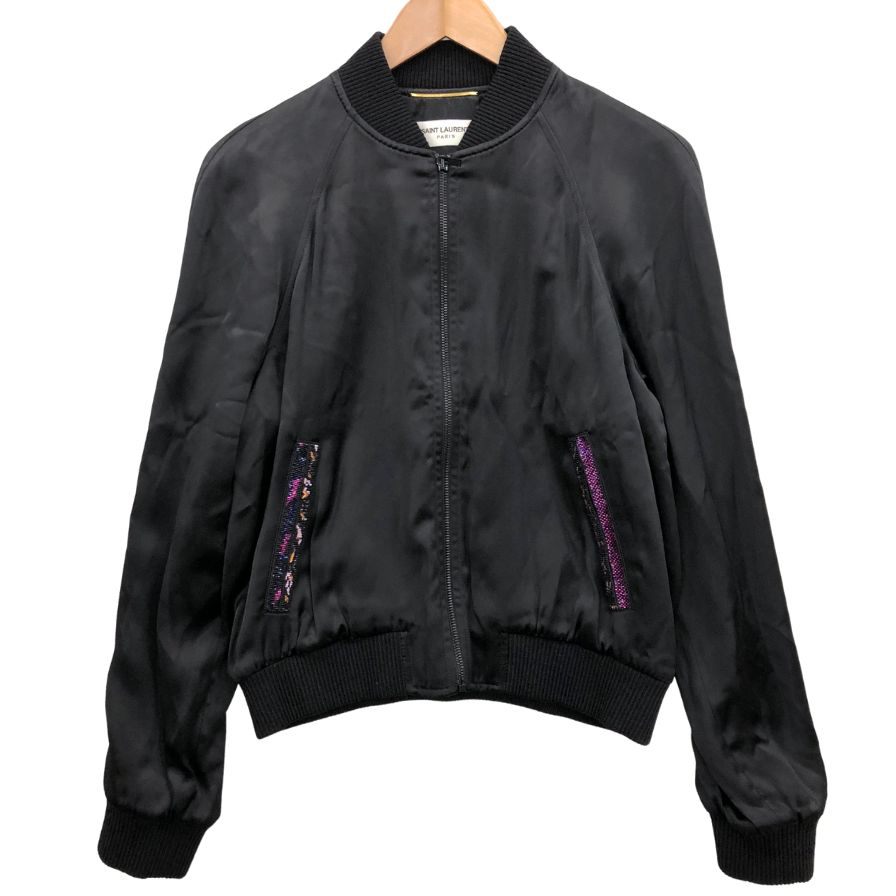 極美品◆サンローランパリ 19SS ビーズロゴ テディジャケット ブルゾン レディース サイズ40 ブラック  SAINT LAURENT PARIS 【AFB46】