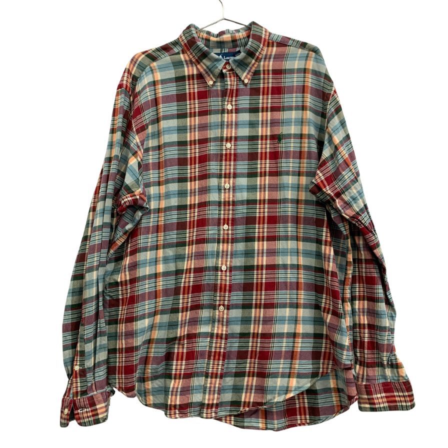 中古■ラルフローレン ボタンダウンシャツ 90S タータンチェック オリーブ系 メンズ サイズXXL Ralph Lauren 【AFB28】