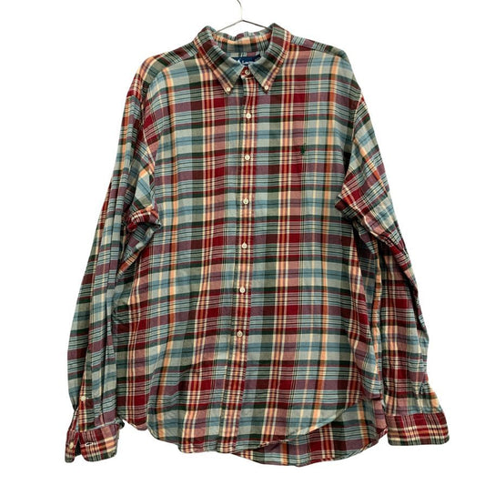 中古■ラルフローレン ボタンダウンシャツ 90S タータンチェック オリーブ系 メンズ サイズXXL Ralph Lauren 【AFB28】