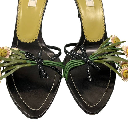 プラダ ヒールサンダル 立体花 ブラック レディース サイズ36.5 PRADA 約23.0cm【AFD9-2】