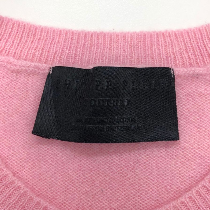 極美品◆フィリッププレイン ニット セーター スカルビジュー カシミア100% レディース サイズL ピンク Philipp Plein 【AFB7】
