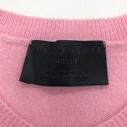極美品◆フィリッププレイン ニット セーター スカルビジュー カシミア100% レディース サイズL ピンク Philipp Plein 【AFB7】
