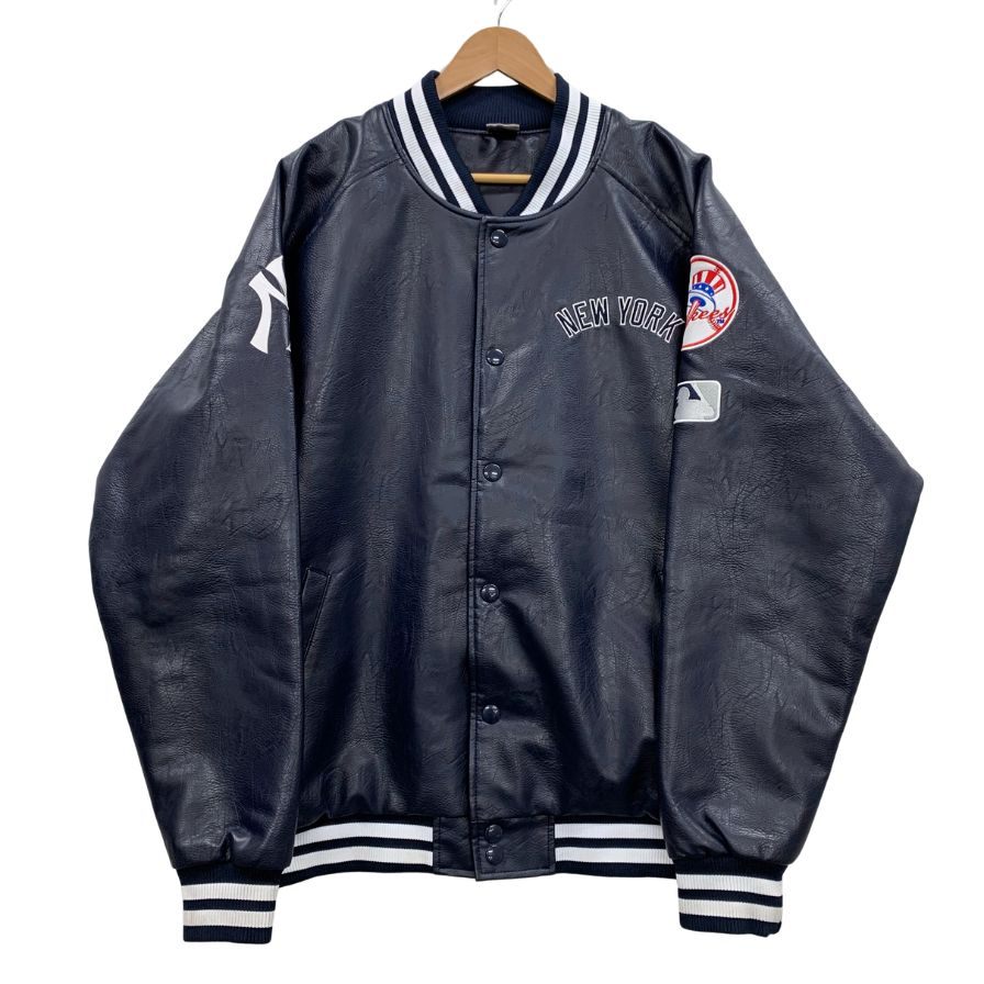 美品◆ファナティックス スタジャン レザー ジャンパー ニューヨーク ヤンキース PU 合皮 ネイビー メンズ サイズXL Fanatics MLB New York Yankees 【AFG1】