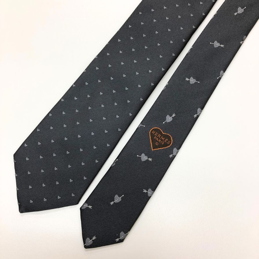 エルメス ネクタイ シルク グレー スレ ハート HERMES【AFB55】