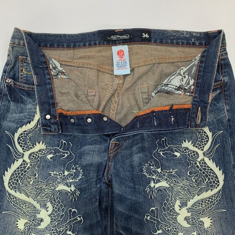 エドハーディー デニムパンツ 龍 刺繍 ペイント 装飾 ボタンフライ ウォッシュ USED加工 2009 インディゴ メンズ サイズ36 Ed Hardy 【AFB32】