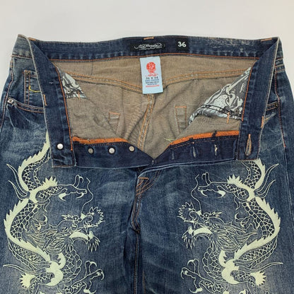エドハーディー デニムパンツ 龍 刺繍 ペイント 装飾 ボタンフライ ウォッシュ USED加工 2009 インディゴ メンズ サイズ36 Ed Hardy 【AFB32】