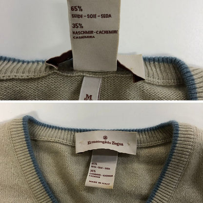 美品◆エルメネジルドゼニア ニットセーター シルク カシミヤ Vネック ベージュ系 サイズ50 メンズ Ermenegildo Zegna 【AFB41】