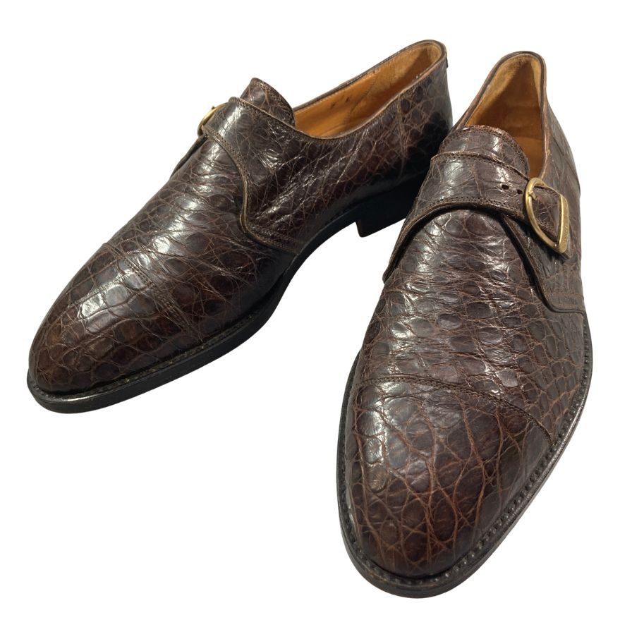 シャルル ジョルダン クロコ型押し シングルモンク ストラップ ブラウン メンズ サイズ 7E CHARLES JOURDAN 約25.5cm【AFC34】