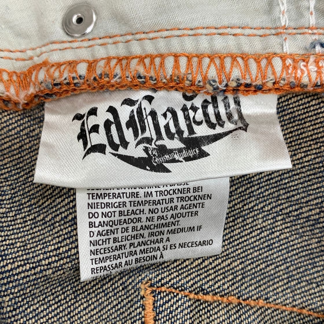 エドハーディー デニムショーツ ハーフ パンツ 鷹 ドクロ 刺繍 装飾 ボタンフライ ウォッシュ USED加工 インディゴ メンズ サイズ36 Ed Hardy 【AFB48】
