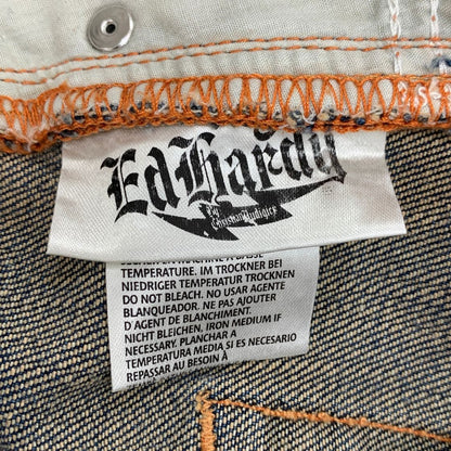 エドハーディー デニムショーツ ハーフ パンツ 鷹 ドクロ 刺繍 装飾 ボタンフライ ウォッシュ USED加工 インディゴ メンズ サイズ36 Ed Hardy 【AFB48】