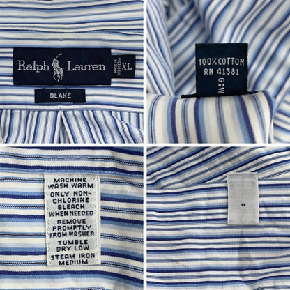 中古◆ラルフローレン 90S ストライプシャツ ブルー系 メンズ サイズL RALPH LAUREN 【AFB10】