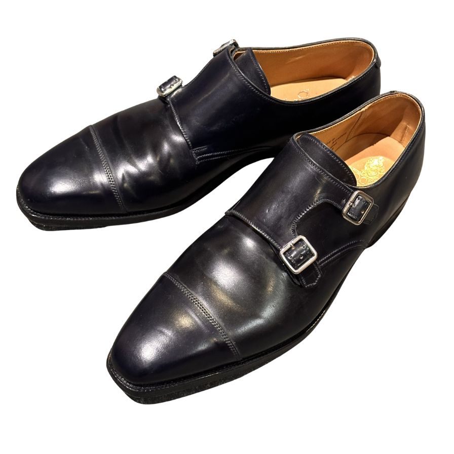 クロケット&ジョーンズ レザーシューズ LOWNDES ダブルモンク コードバン ネイビー  348ラスト サイズUK7E CROCKETT&JONES ビジネスシューズ 約25.5cm【LA】【中古】