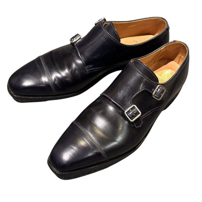 クロケット&ジョーンズ レザーシューズ LOWNDES ダブルモンク コードバン ネイビー  348ラスト サイズUK7E CROCKETT&JONES ビジネスシューズ 約25.5cm【LA】【中古】