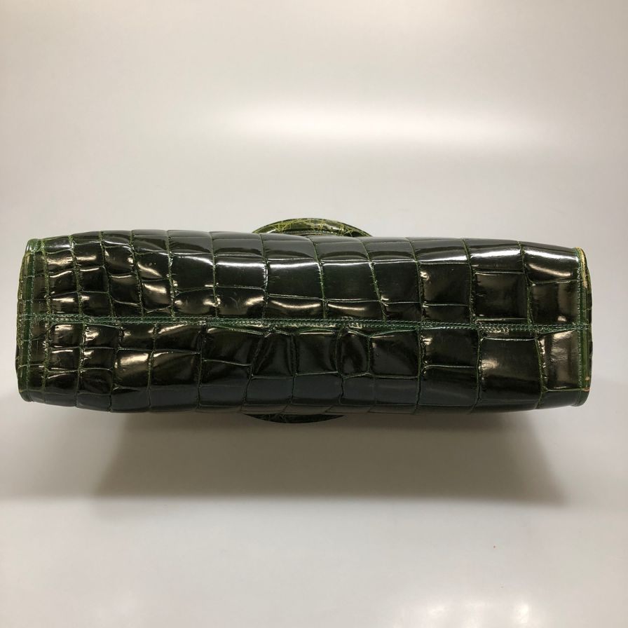 ブランド不明 クロコダイル想定 ハンドバッグ シャイニー ゴールド金具 レディース グリーン【AFE1】