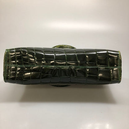 ブランド不明 クロコダイル想定 ハンドバッグ シャイニー ゴールド金具 レディース グリーン【AFE1】
