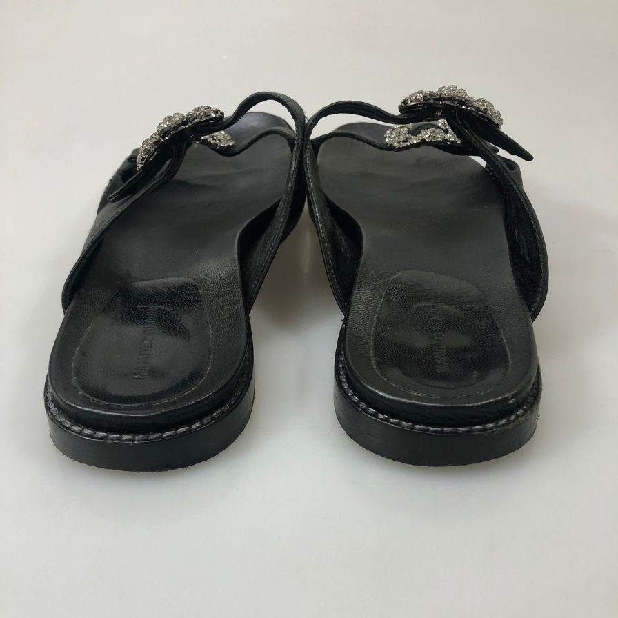 マノロブラニク サンダル ハンギシ ビジュー付き レザー×サテン ブラック レディース サイズ39 MANOLO BLAHNIK 約25.0cm【YB3】