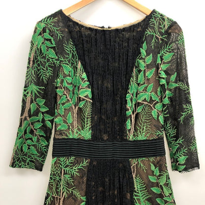 極美品◆タダシショージ ドレス レーヨン 葉っぱ柄 刺繍  レース レディース ブラック サイズ2 総柄 TADASHI SHOJI 【AFB4】