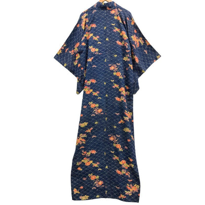 浴衣 青海波文様 花柄 紺青 レディース ノーブランド【AFB15】【中古】