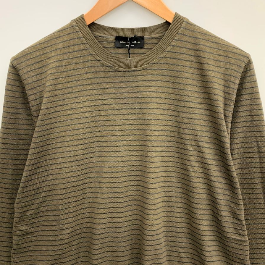 新品同様◆ロベルトコリーナ Tシャツ ロングスリーブ ボーダー リネン混 コットン カーキ サイズ48 メンズ roberto collina 【AFB41】