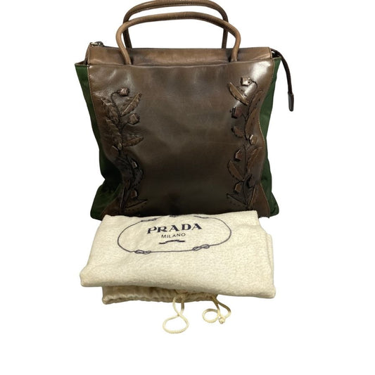 プラダ B6147 フラワーモチーフ トートバッグ レザー×ナイロン コンビ ブラウン×カーキ PRADA【AFE1】