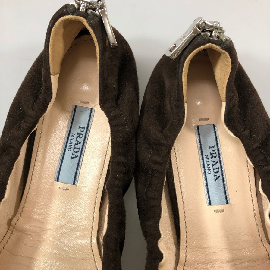 プラダ バレエシューズ スエード ベルト ジップ ブラウン レディース サイズ37 PRADA 約24.0cm【AFC52】