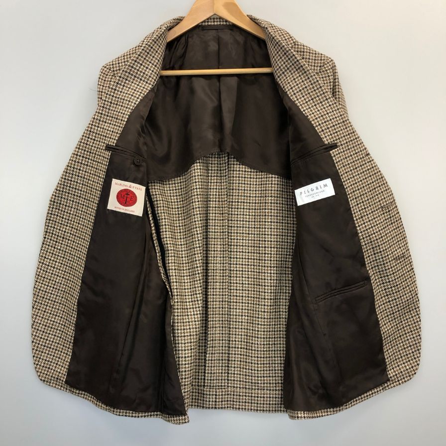 極美品◆トゥモローランド テーラードジャケット PILGRIM  ウール リネン シルク  ハウンドトゥース柄 ブラウン系 メンズ サイズ46 tomorrowland 【AFB12】