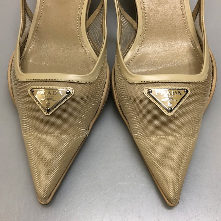 プラダ パンプス スリングバック メッシュ トライアングルロゴ ベージュ レディース サイズ37 約24.0cm【AFC31】