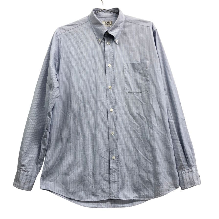 美品◆エルメス オールド 長袖BDシャツ 袖セリエボタン ストライプ フランス製 メンズ サイズ40 15 3/4 ブルー HERMES 【AFB46】