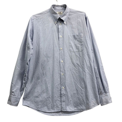 美品◆エルメス オールド 長袖BDシャツ 袖セリエボタン ストライプ フランス製 メンズ サイズ40 15 3/4 ブルー HERMES 【AFB46】