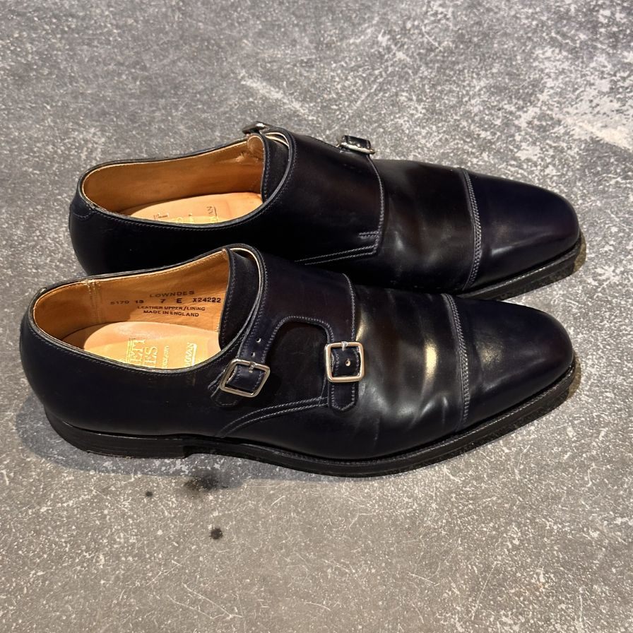 クロケット&ジョーンズ レザーシューズ LOWNDES ダブルモンク コードバン ネイビー  348ラスト サイズUK7E CROCKETT&JONES ビジネスシューズ 約25.5cm【LA】【中古】