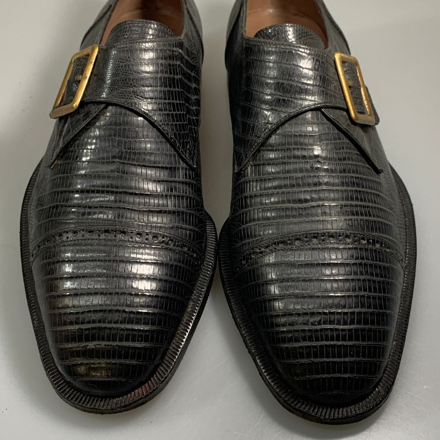 パチョッティ レザーシューズ シングルモンク ストラップ リザード 型押し ブラック サイズ6.5 PACIOTTI 約25.5cm【AFC41-2】
