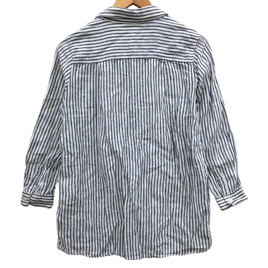 美品◆フレンチリネン プルオーバー ストライプ リネンシャツ 白×青 サイズM レディース 麻 長袖シャツ french linen 【AFB15】