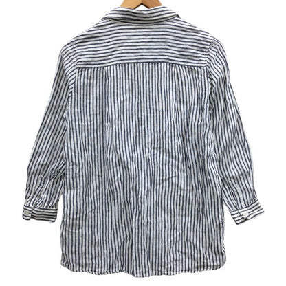 美品◆フレンチリネン プルオーバー ストライプ リネンシャツ 白×青 サイズM レディース 麻 長袖シャツ french linen 【AFB15】