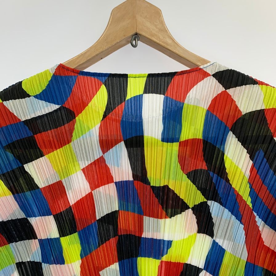 極美品◆プリーツプリーズ 丸首長袖トップス PP53JK701 DANCING SQUARE ポリエステル マルチカラー レディース サイズ3 PLEATS PLEASE ISSEY MIYAKE 【AFB1】