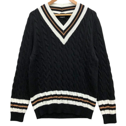 美品◆バフィー チルデンニット Vネック ウール ブラック×ホワイト×キャメル サイズ50 メンズ イタリア製 BAFY MADE IN ITALY 【AFB40】