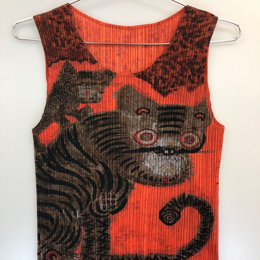 美品◆プリーツプリーズ イッセイミヤケ ノースリーブワンピース Tiger Cat Korean Fork Art Minwa Dress レディース サイズ3 PP83-JH719 PLEATS PLEASE ISSEY MIYAKE 【AFB10】
