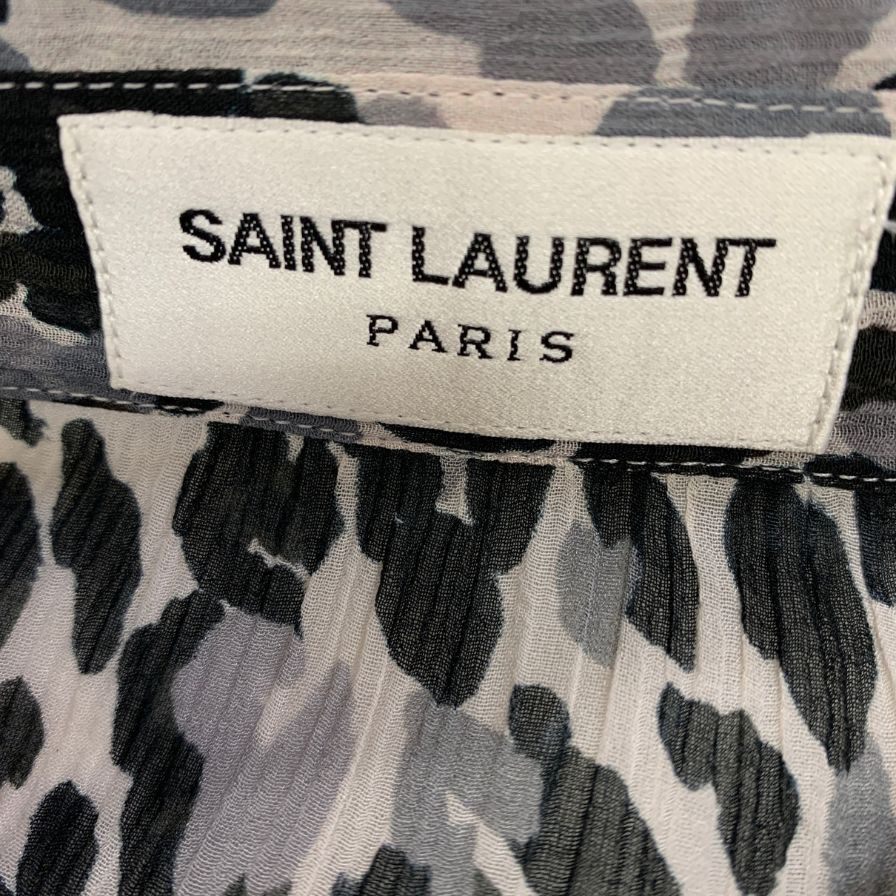 美品◆サンローラン シャツ 長袖 20SS 599291 コットン シルク レオパード シースルー プリーツ加工 メンズ サイズ38 ホワイト系 SAINT LAURENT 【AFB1】