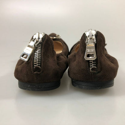プラダ バレエシューズ スエード ベルト ジップ ブラウン レディース サイズ37 PRADA 約24.0cm【AFC52】