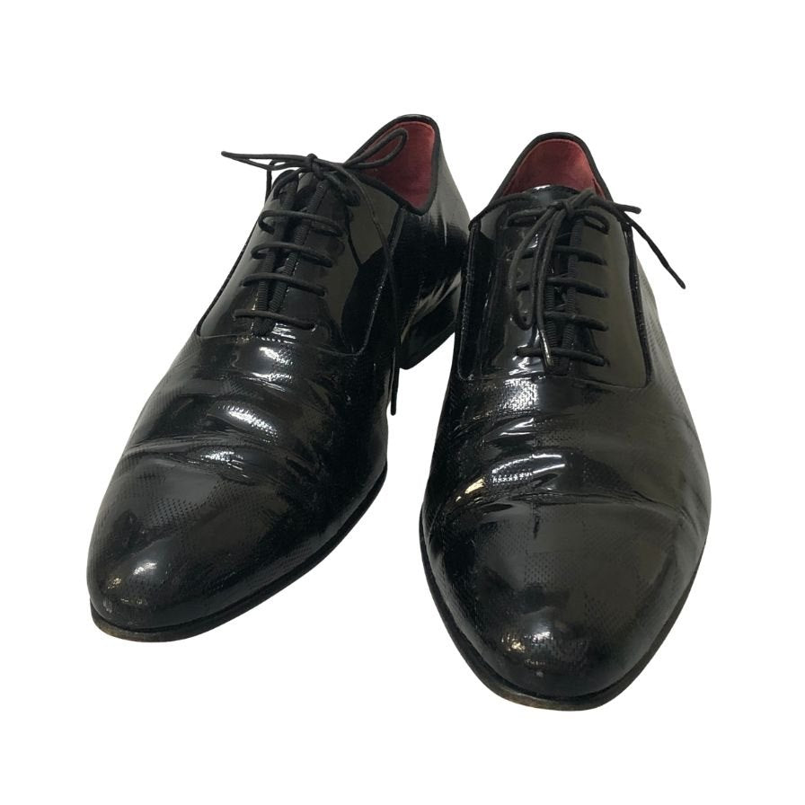 ルイヴィトンST1008 レザーシューズ プレーントゥ ガラスレザー チェック柄 ブラック サイズUK8 メンズ LOUIS VUITTON 約27.0cm【AFC4】
