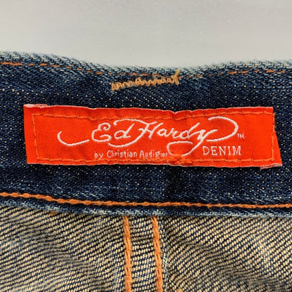 エドハーディー デニムショーツ ハーフ パンツ 鷹 ドクロ 刺繍 装飾 ボタンフライ ウォッシュ USED加工 インディゴ メンズ サイズ36 Ed Hardy 【AFB48】