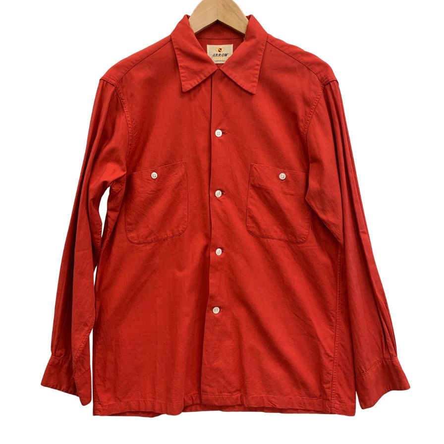 美品◆アロー 50S 長袖開襟シャツ ヴィンテージ 盾タグ SANFORIZED レッド レーヨン混 メンズ サイズ15 ARROW 【AFB41】