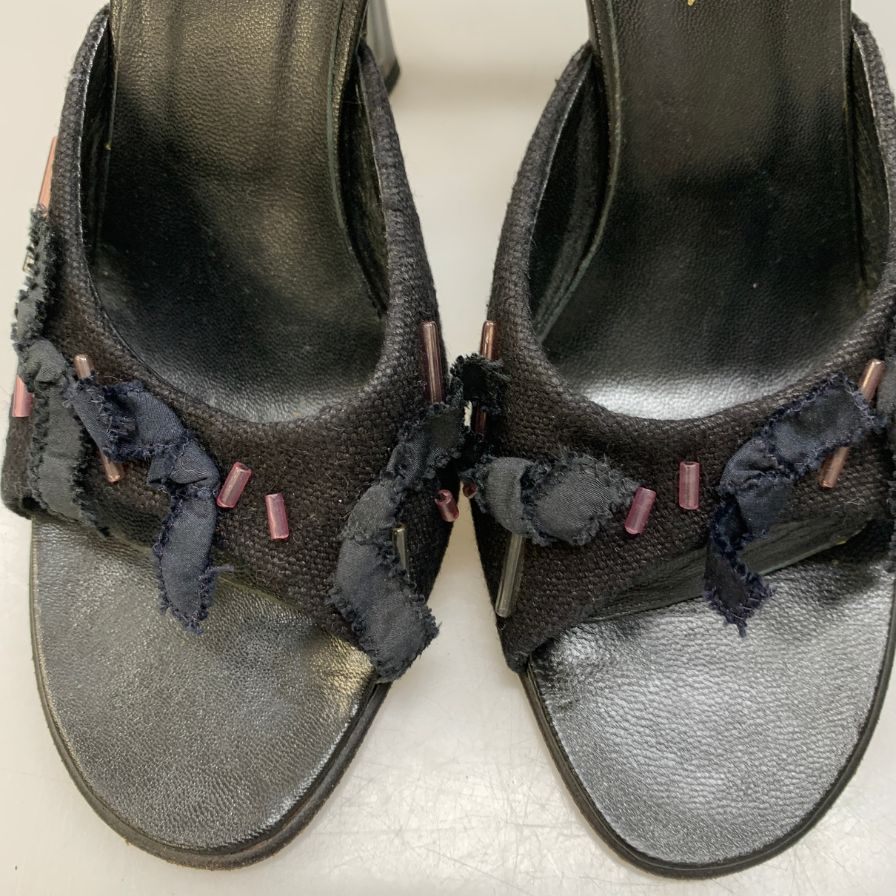 プラダ ミュール サンダル ビーズあしらい クリアヒール レディース サイズ37.5 ブラック PRADA 約24.5cm【AFC41】