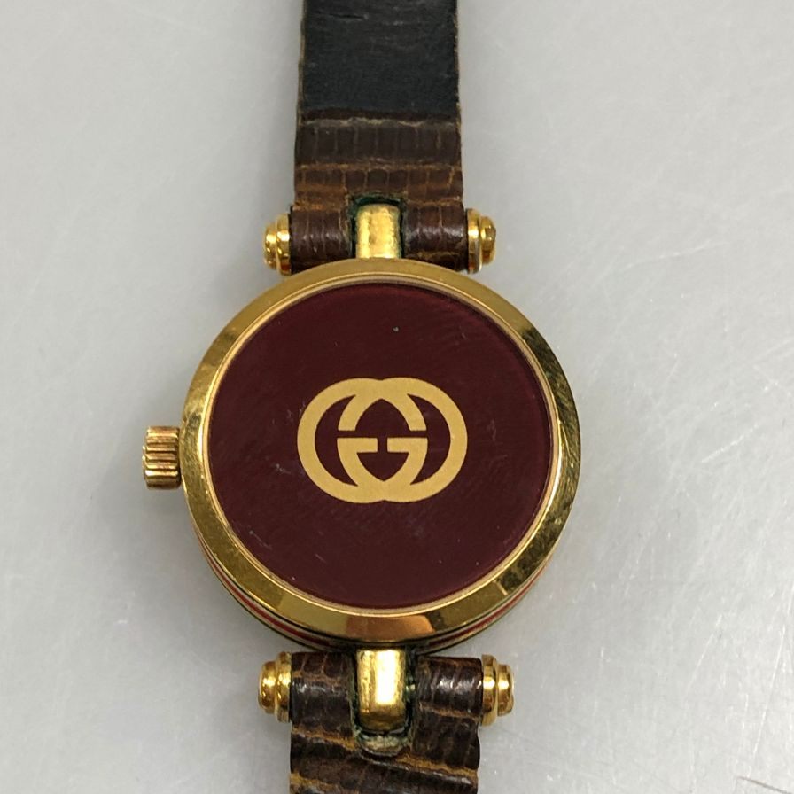グッチ クオーツ 腕時計  2針  ゴールド文字盤  レザーベルト ユニセックス ワインレッド GUCCI