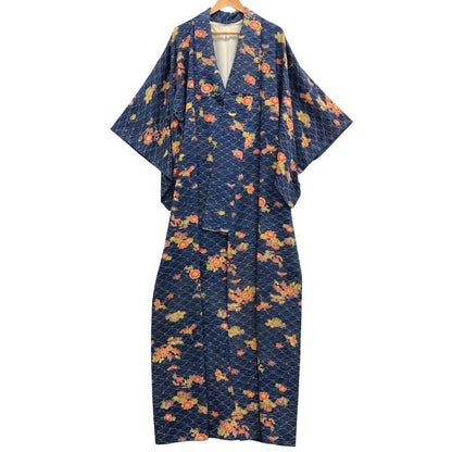 浴衣 青海波文様 花柄 紺青 レディース ノーブランド【AFB15】【中古】