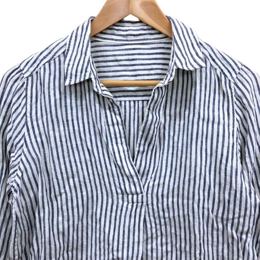 美品◆フレンチリネン プルオーバー ストライプ リネンシャツ 白×青 サイズM レディース 麻 長袖シャツ french linen 【AFB15】