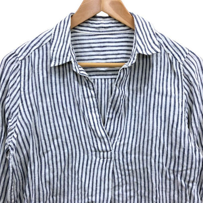 美品◆フレンチリネン プルオーバー ストライプ リネンシャツ 白×青 サイズM レディース 麻 長袖シャツ french linen 【AFB15】