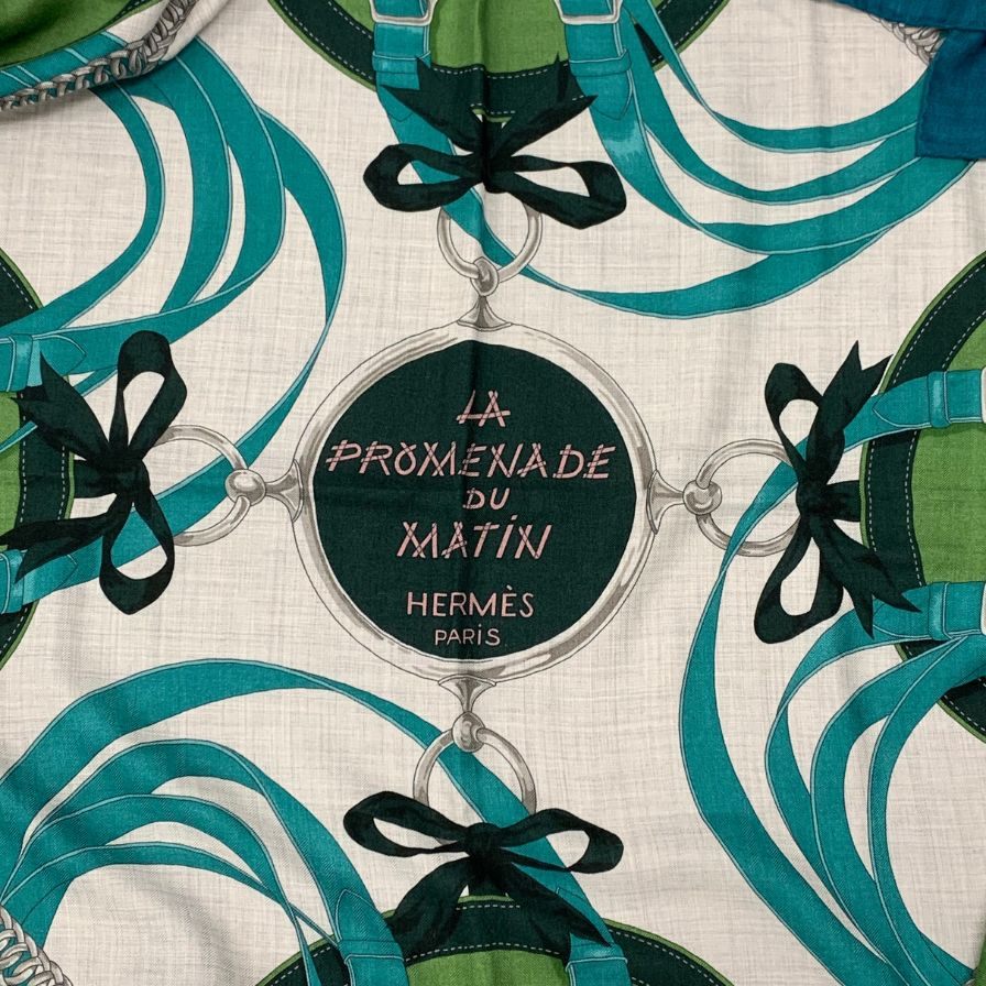 エルメス ストール カレジェアン 140 LA PROMENADE DU MATIN 朝の散歩 カシミヤ×シルク ブルーグリーン レディース HERMES【AFI20】