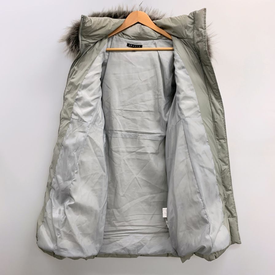 中古◆セオリー ダウンコート ハーフ丈 Aライン ラクーン ファー 本毛皮 グレー レディース サイズP Theory 【AFF23】