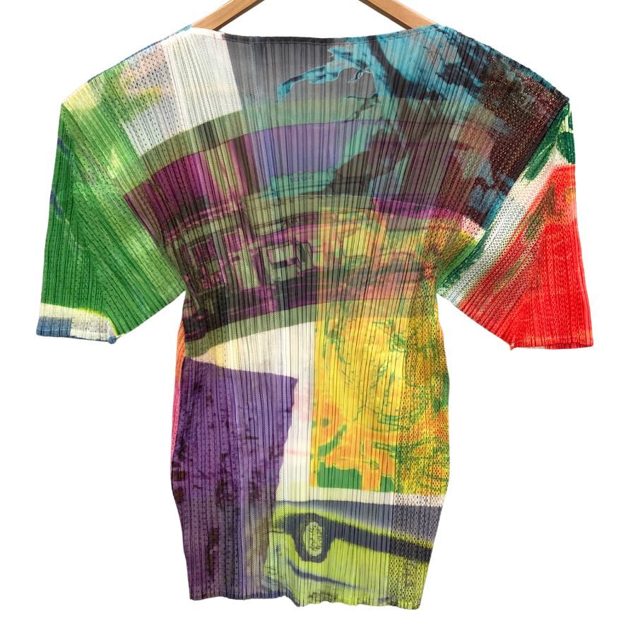 極美品◆プリーツプリーズ イッセイミヤケ 半袖カットソー マルチカラー レディース サイズ3 PP12-JK614 PLEATS PLEASE ISSEY MIYAKE 【AFB43】
